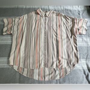 Madewell Blouse Top Button Large beige brown stripe collared dolman short sleeve